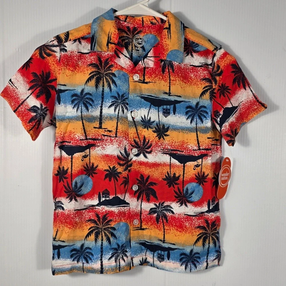 Wonder Nation Boy Short Sleeve Tropical Sunset Palm Tree Button Down Shirt S 6-7
